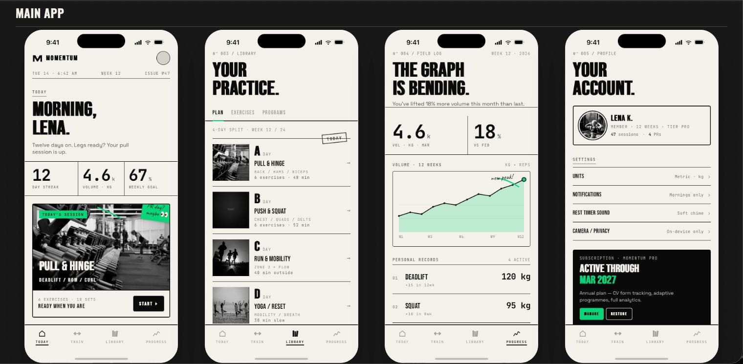 Momentum main app screens